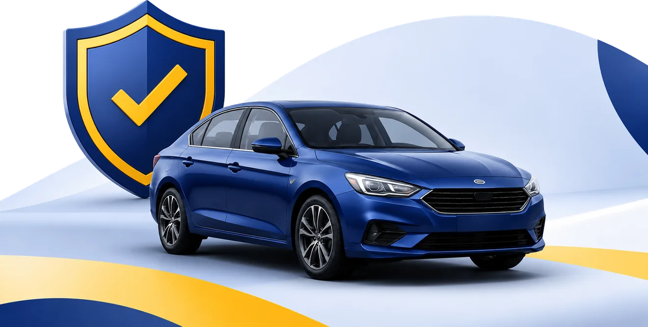 Blue car in front of a guarantee shield