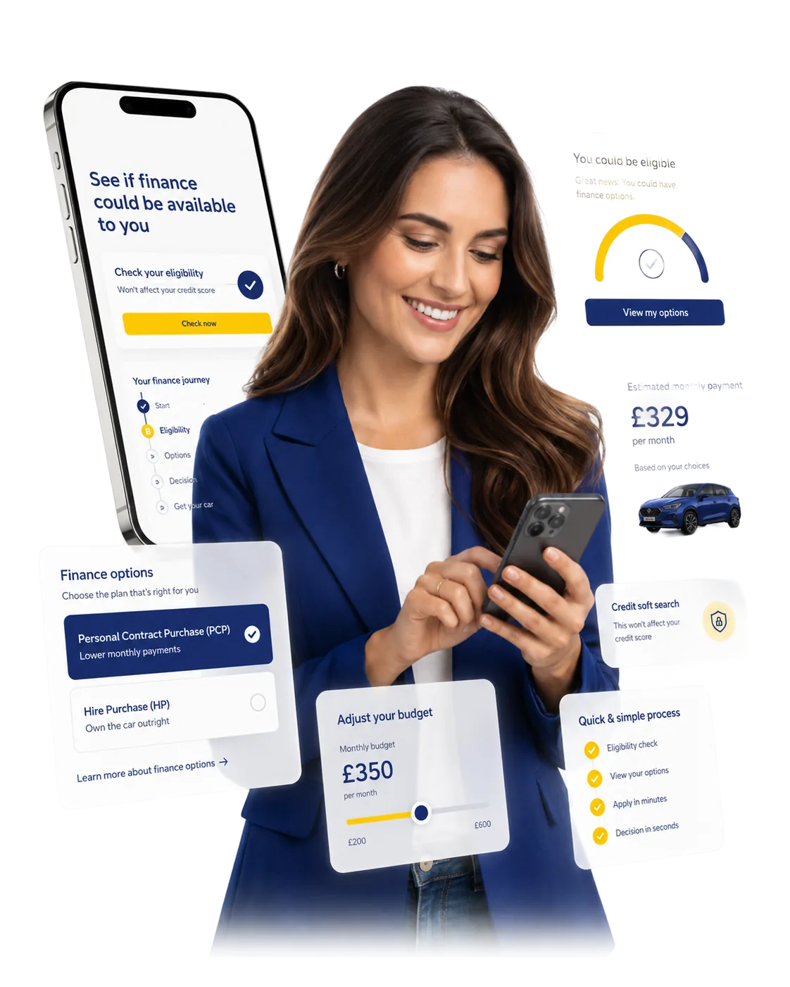 Smiling woman checking car finance on her phone