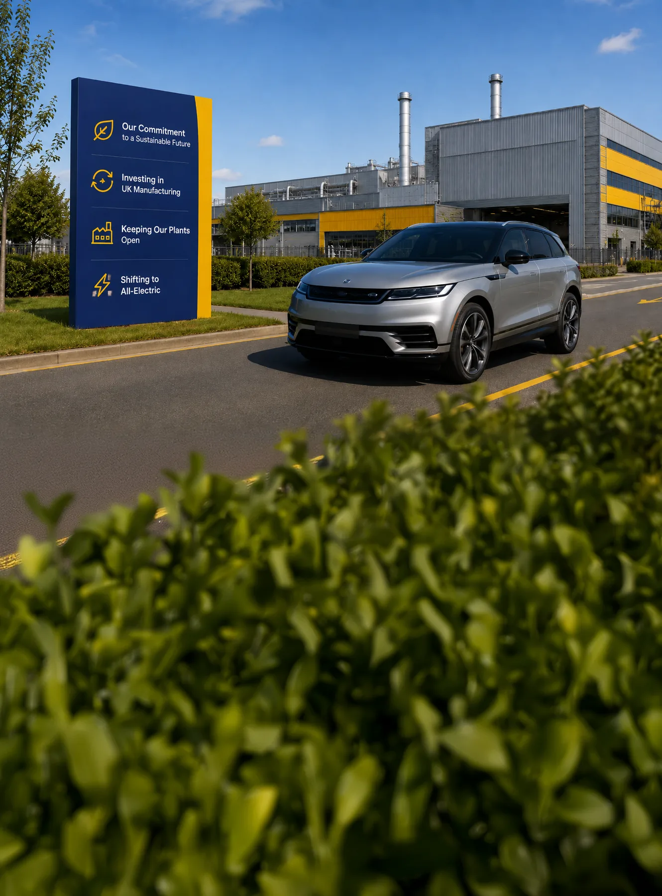 Silver Range Rover Velar outside a factory