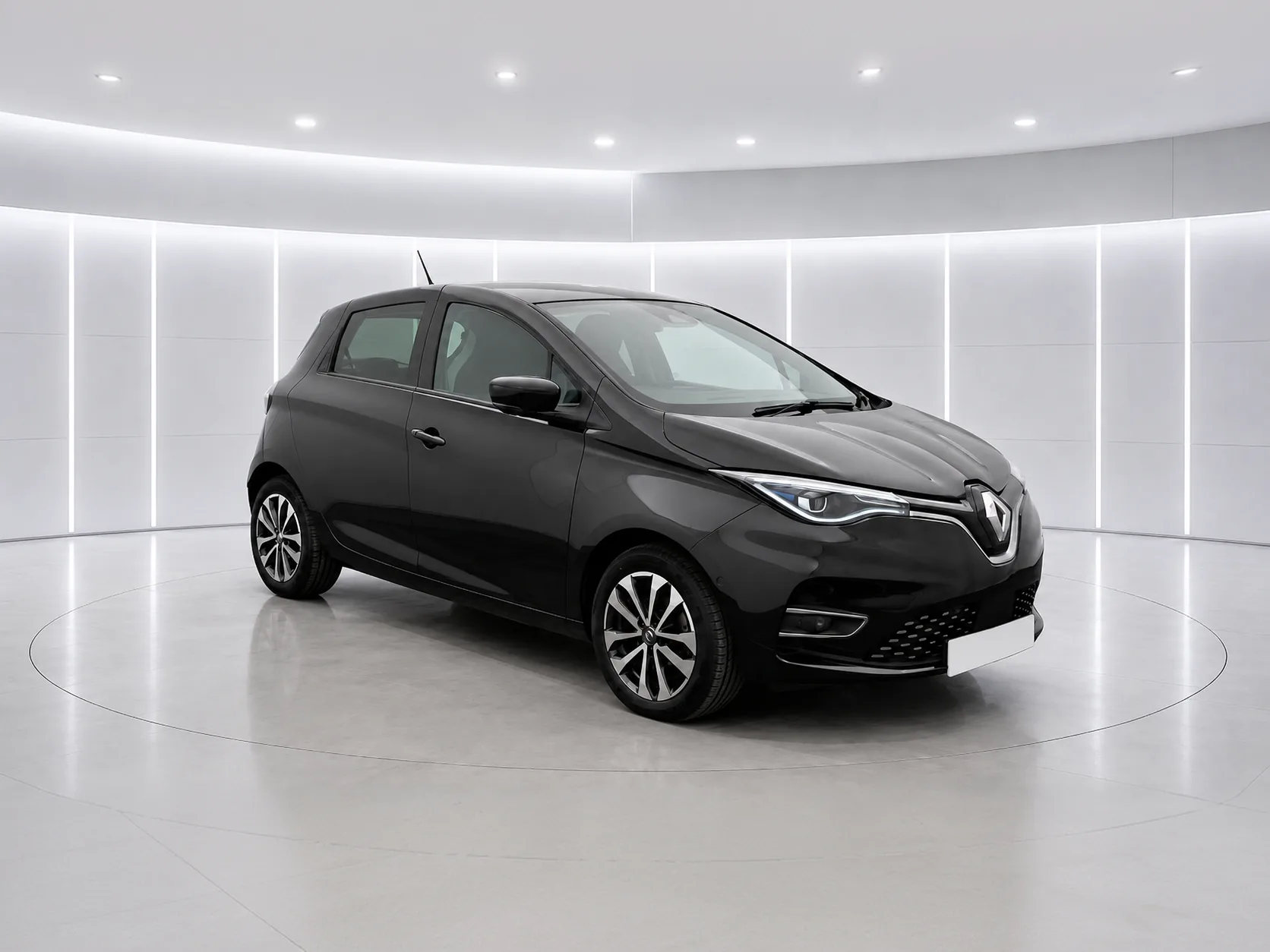 Black Renault Zoe GT Line, front three-quarter view